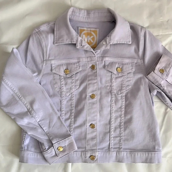MICHAEL KORS NWOT Women’s Denim Jean Jacket Stretch Gold Button Lavender, Size L - Picture 5 of 9